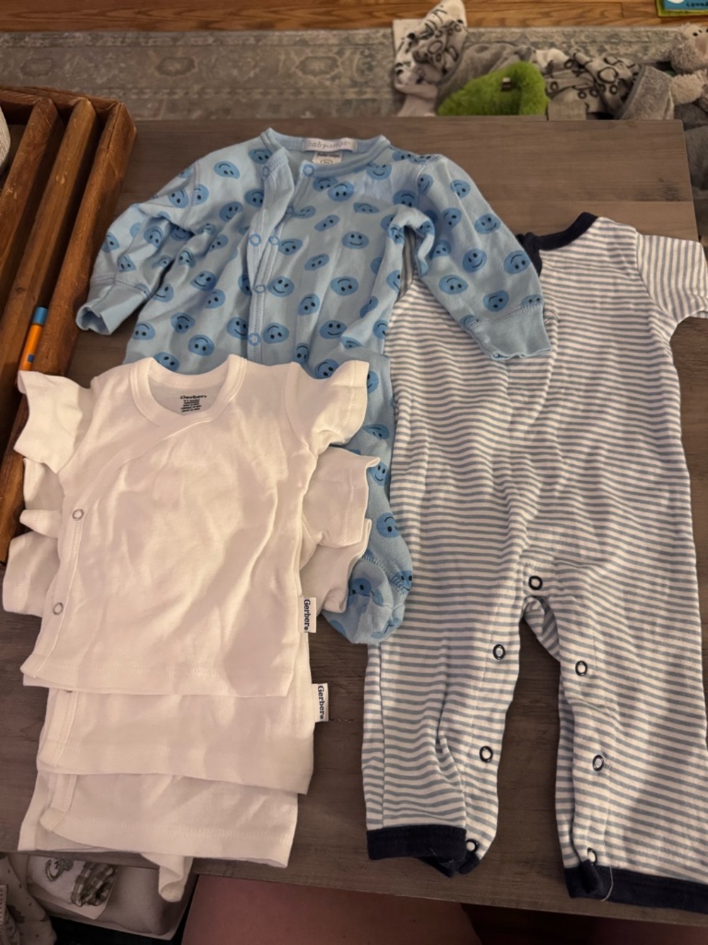 Baby Blue Smiley Footed Sleeper + Striped & White Onesies Set and undershirts